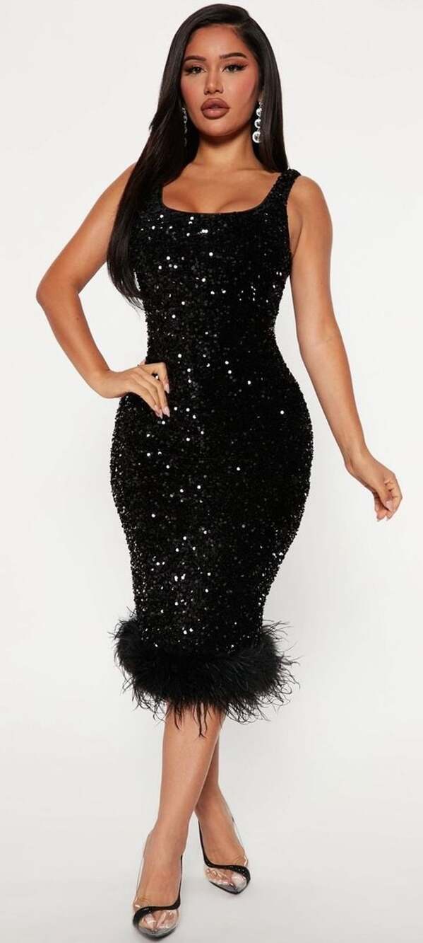 Zoey Feathered Sequin Midi Dress Black